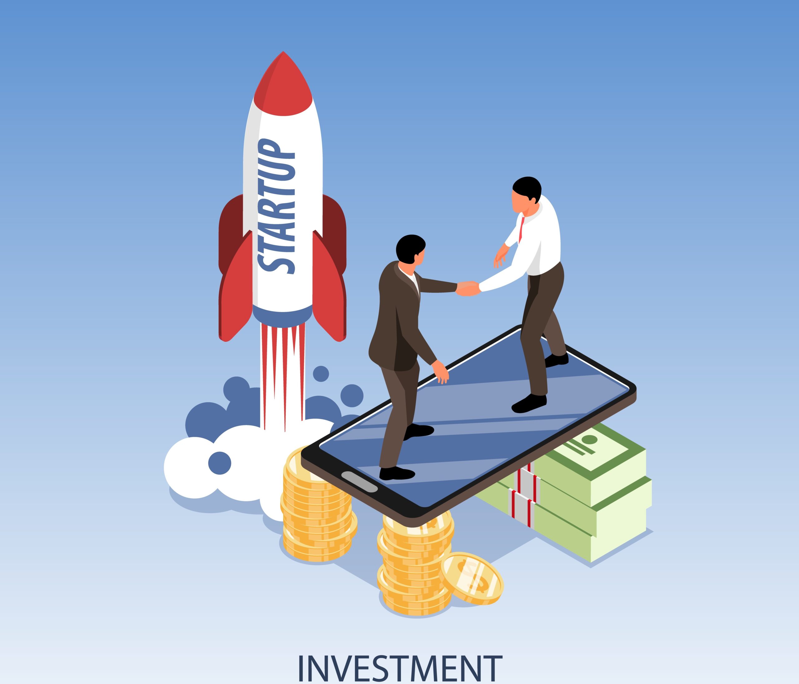 Investing in startup isometric poster two people shaking hands after successful quick start of business vector illustration