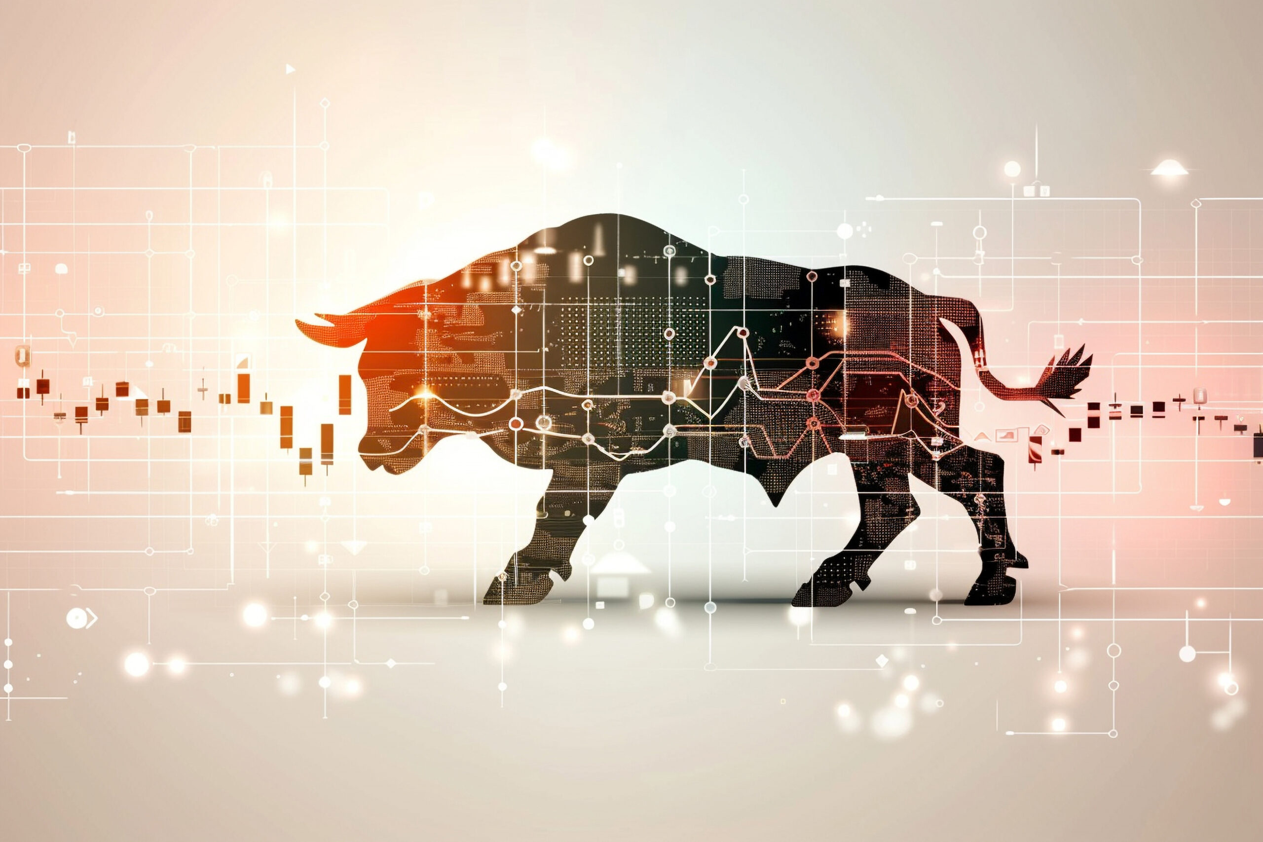 An image showing a bull with candlestick graph in the background representing ups and downs of the stock market
