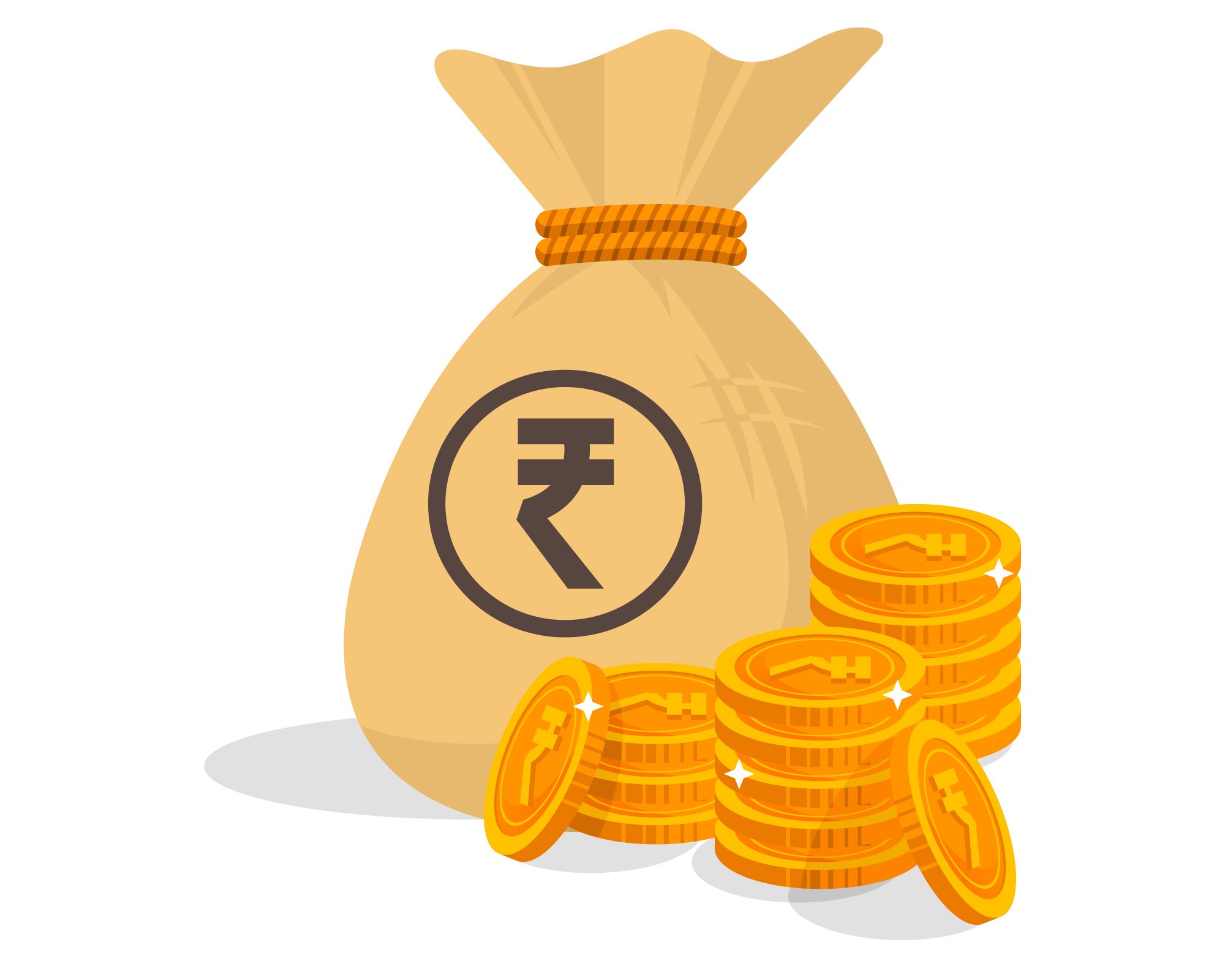 A jute bag marked with the indian rupee sign kept alongside some rupee coints to display money being invested in